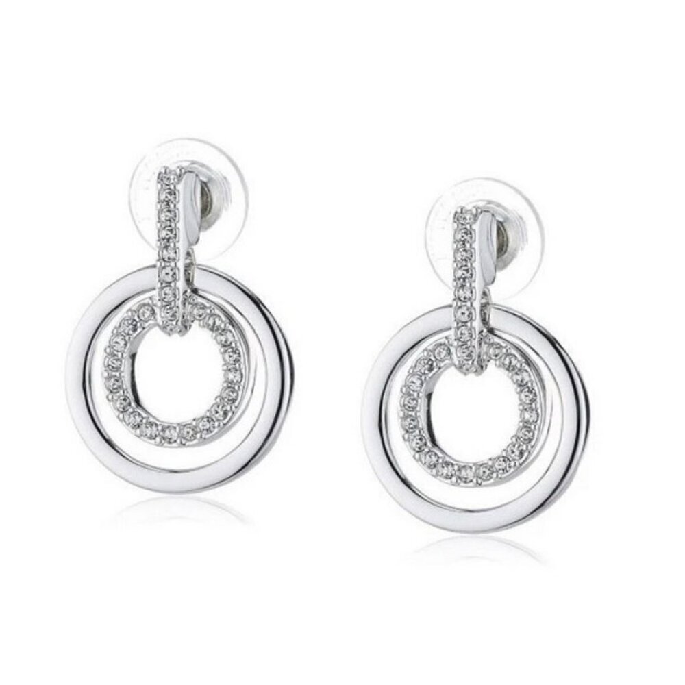 Swarovski Double Circle Hoop Rhodium Plated Pave Earrings Dressy Elegant Classy
